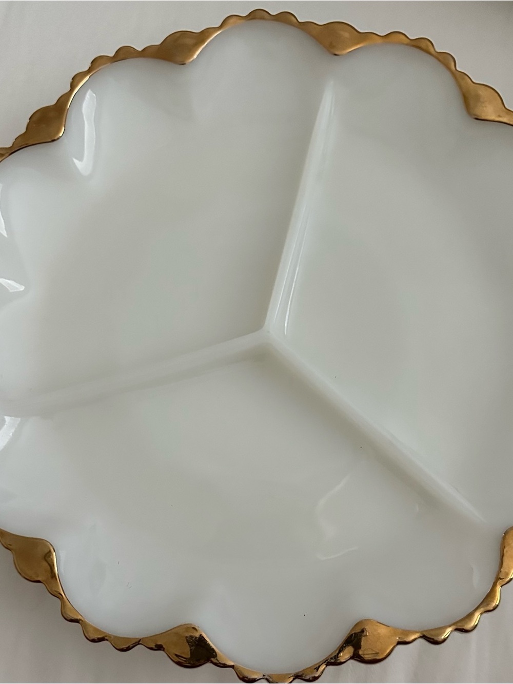 Vintage Fire King Milk Glass Divided Relish Dish Gold Trim Scalloped 10”